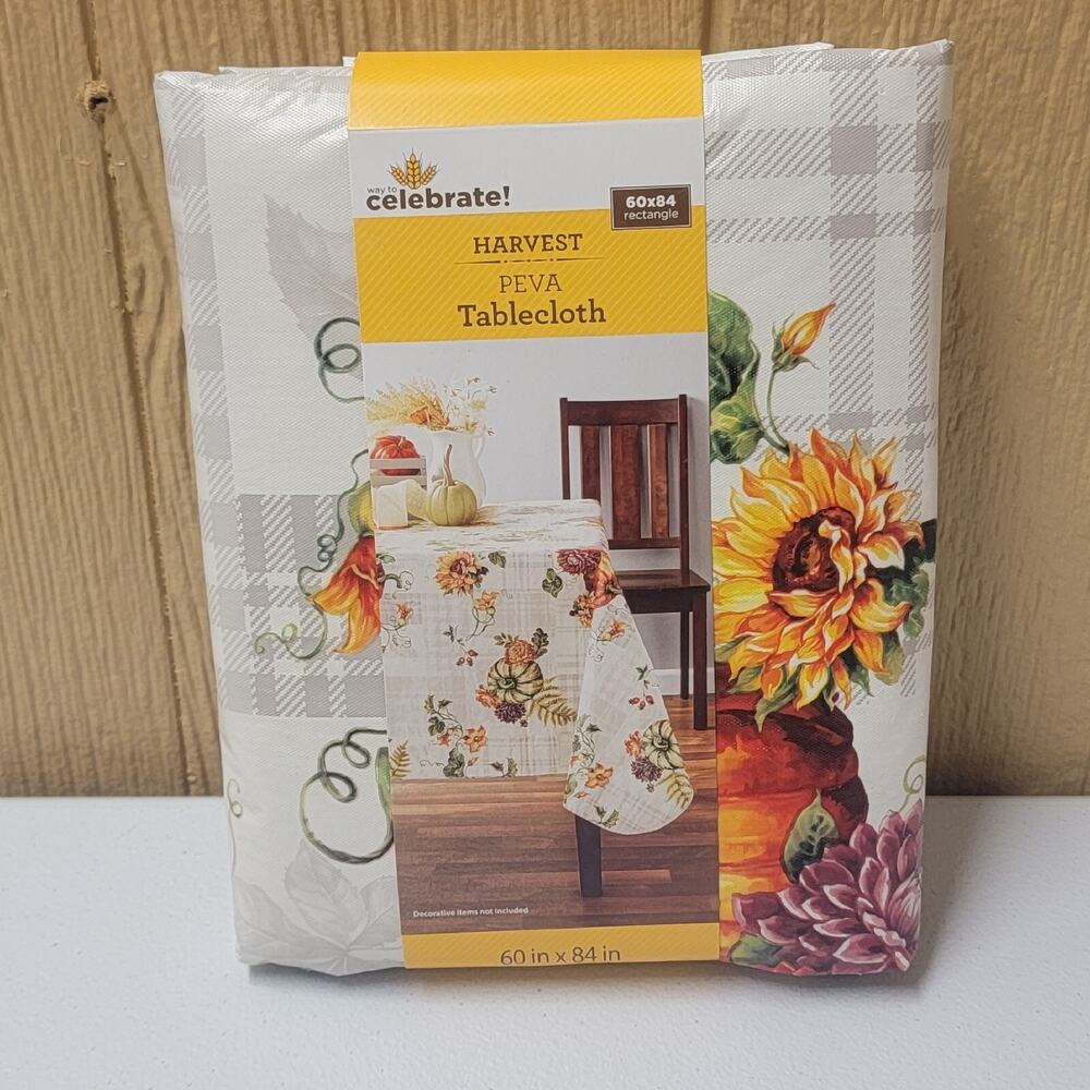 Celebrate Harvest Peva Tablecloth Rectangular 60x84" White Gray Plaid Sunflowers